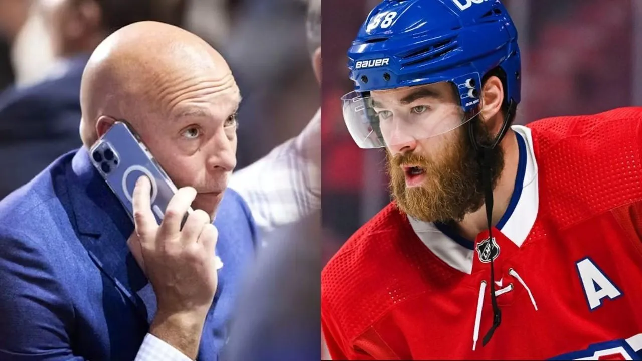 David Savard en uniforme et Kent Hughes au téléphone au repêchage 2022
