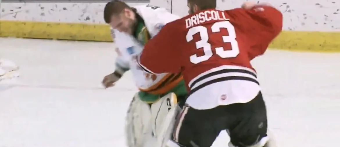 Zach Driscoll (Indy Fuel) & Brett Brochu (Fort Wayne Komets) in a goalie fight after a brawl breaks out between their teams in the ECHL