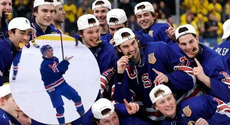 Team USA Celebrating their gold medal and Sam Rinzel blowing a kiss to fans.