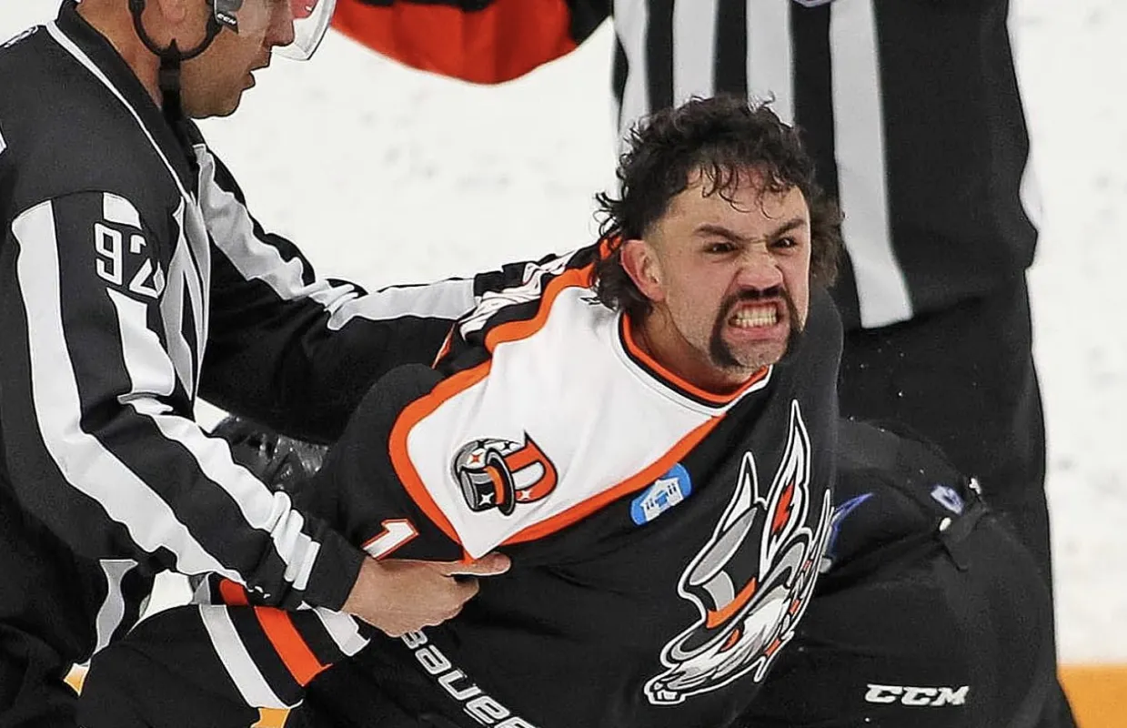 Daniel Amesbury after a fight with the Danbury Hat Tricks of the Federal Prospects Hockey League.