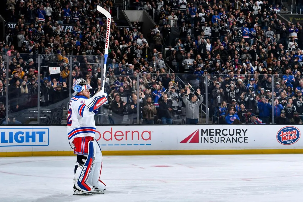Goaltender Jonathan Quick salutes the crowd in his returned to Los Angeles on Saturday night where he was treated to a video tribute.