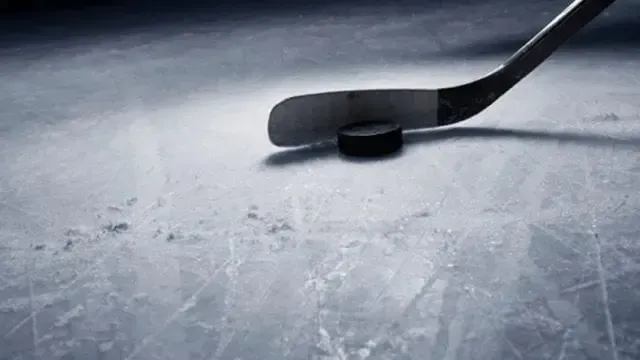 A hockey stick on the ice with a puck