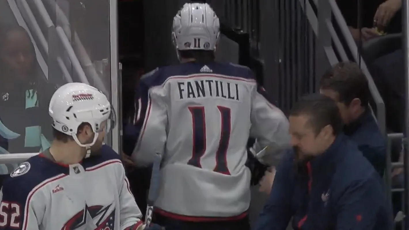 Adam Fantilli of the Columbus Blue Jackets leaving the game with a lower-body injury.