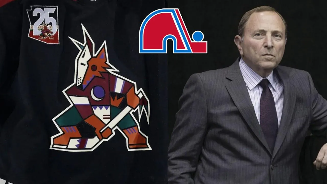 Gary Bettman, logos des Nordiques de Québec et des Coyotes de l'Arizona