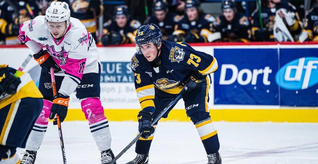 Former Vancouver Canucks prospect Connor Lockhart lined up for a faceoff in an OHL game with the Erie Otters.