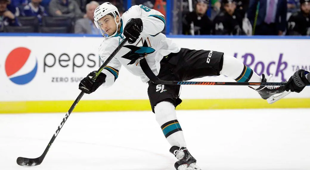 San Jose Sharks forward Kevin labanc shooting the puck