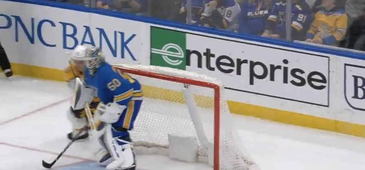 St. Louis Blues goalie Jordan Binnington engaged in a physical battle with a Nashville Predators player.