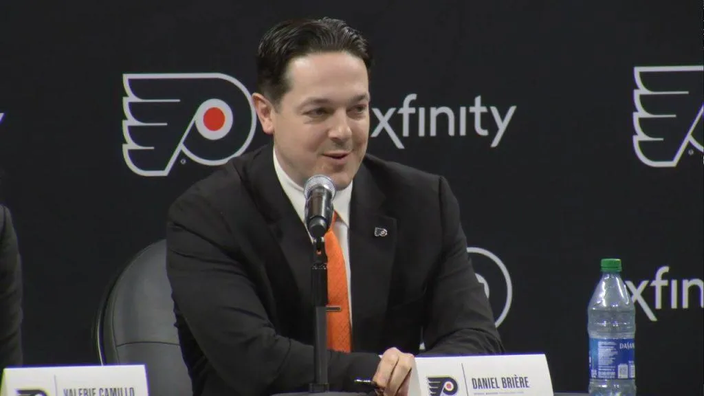Flyers general manager Danny Briere addressing the media