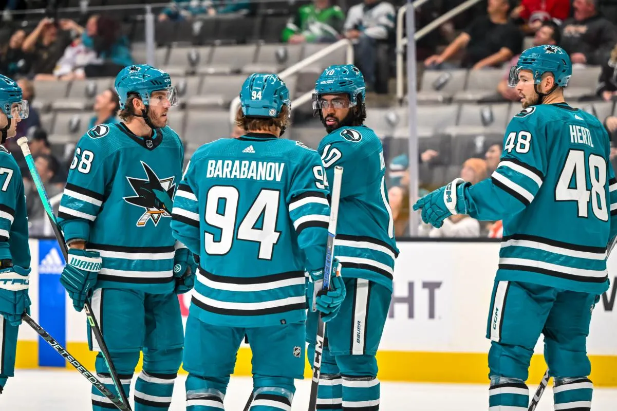 Alexander Barabanov, Mike Hoffman, Anthony Duclair and Tomas Hertl one the ice during a game with the San Jose Sharks.