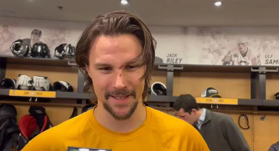 Erik Karlsson during an interview the Pittsburgh Penguins' locker room.