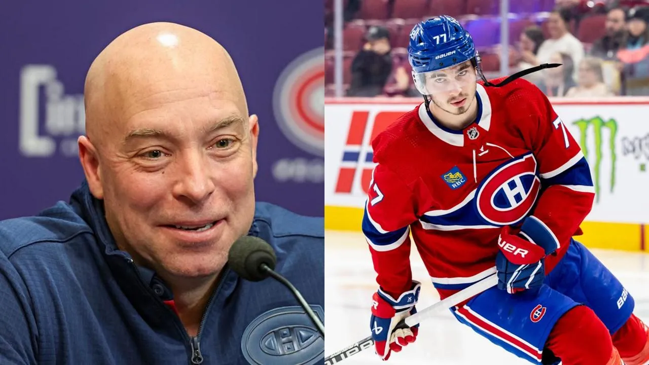 Kent Hughes en point de presse et Kirby Dach en uniforme avec le Canadien