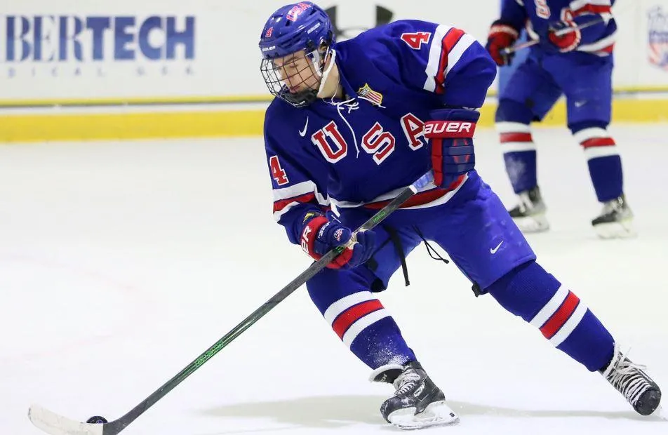 Calgary Flames' prospect Hunter Brzustewicz in a game with Team U.S.A