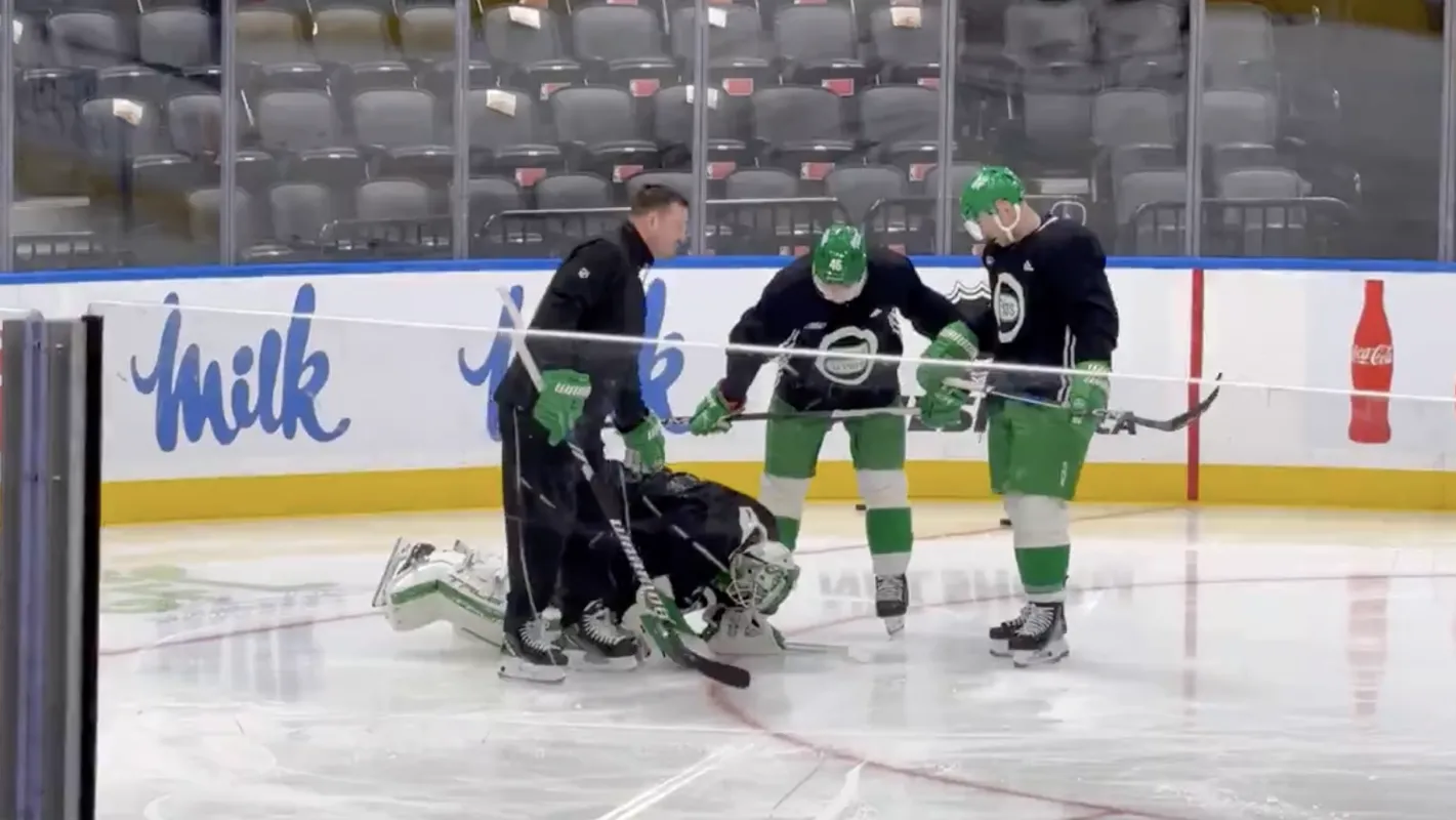 Ilya Samsonov laying on the ice after appearing to suffer from an injury during practice.
