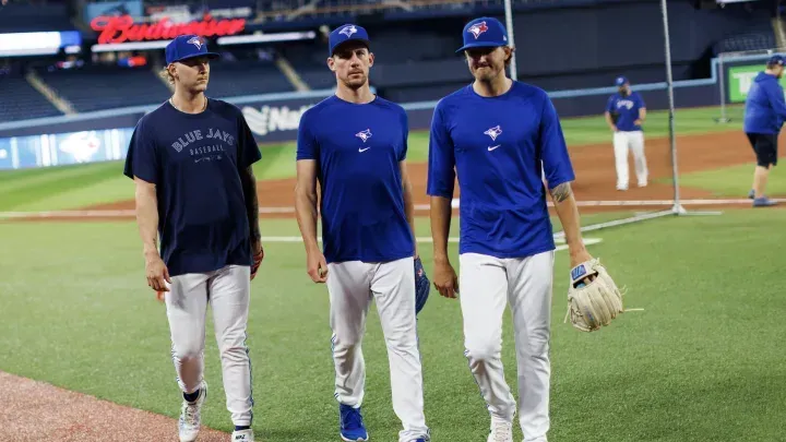 Blue Jays pitchers warming up before a game at Rogers Centre