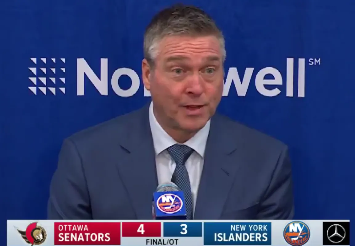New York Islanders head coach Patrick Roy discussing the team's overtime loss to the Ottawa Senators
