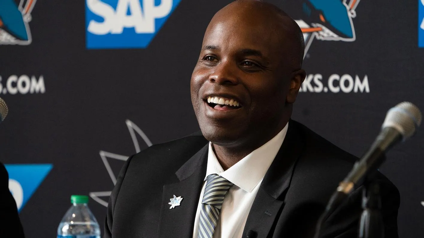 Mike Grier, General Manager of the San Jose Sharks, during a press conference.