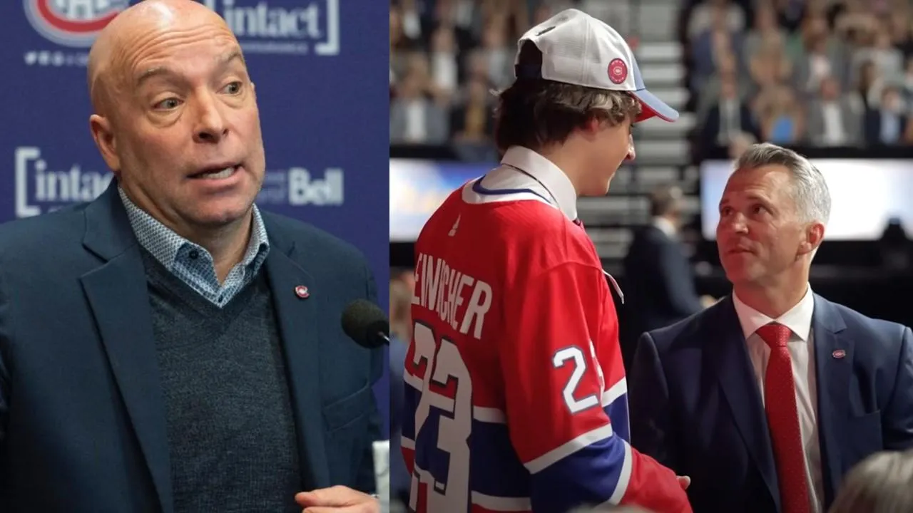 Kent Hughes en point de presse et David Reinbacher dans l'uniforme du Canadien