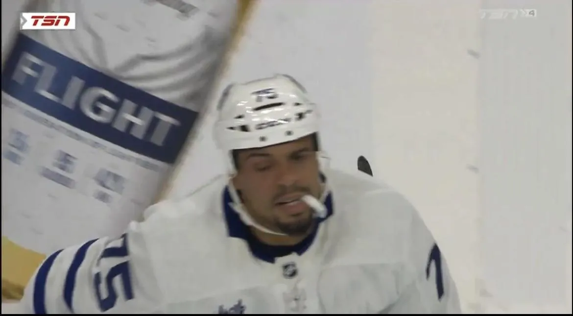 Toronto Maple Leafs forward Ryan Reaves skating to the locker room after suffering a nasty eye injury.