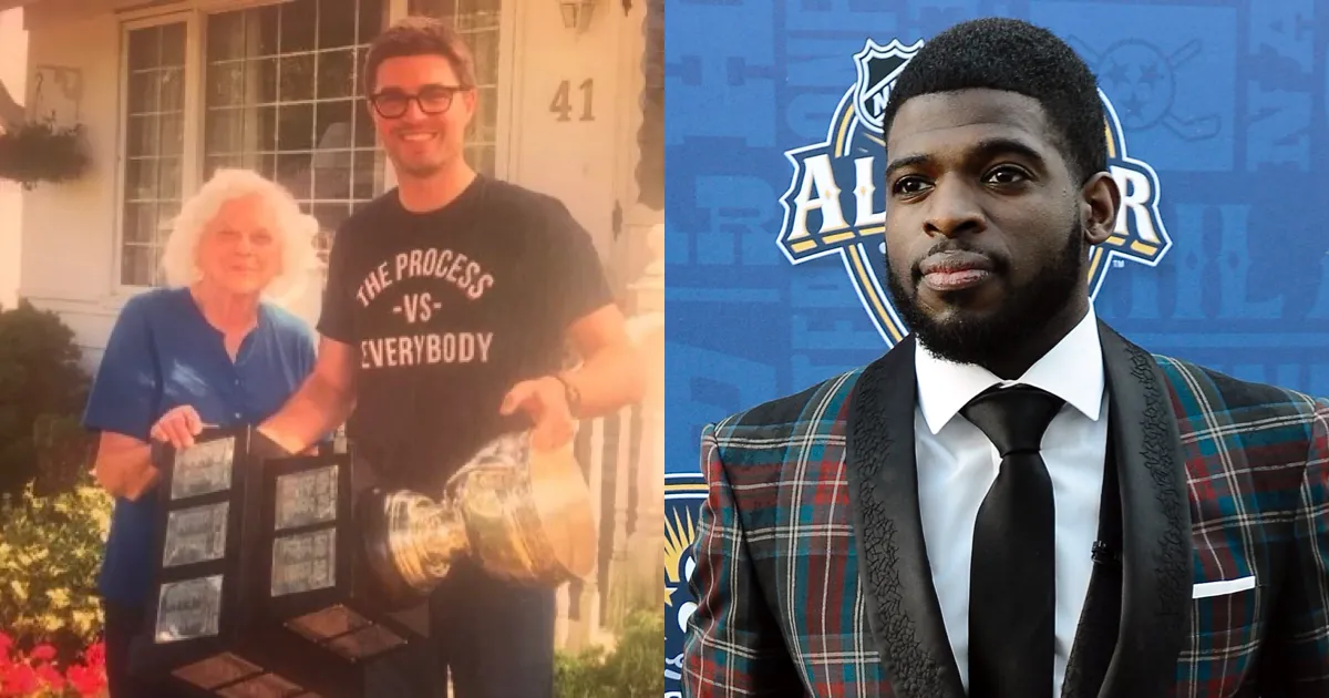 Close up headshot of ESPN hockey analyst and former NHL defenseman PK Subban and Pittsburgh Penguins GM Kyle Dubas with his grandmother