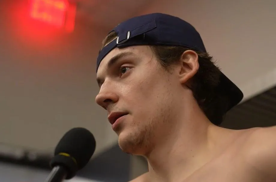 Matt Rempe of the New York Rangers in an interview after a team practice.