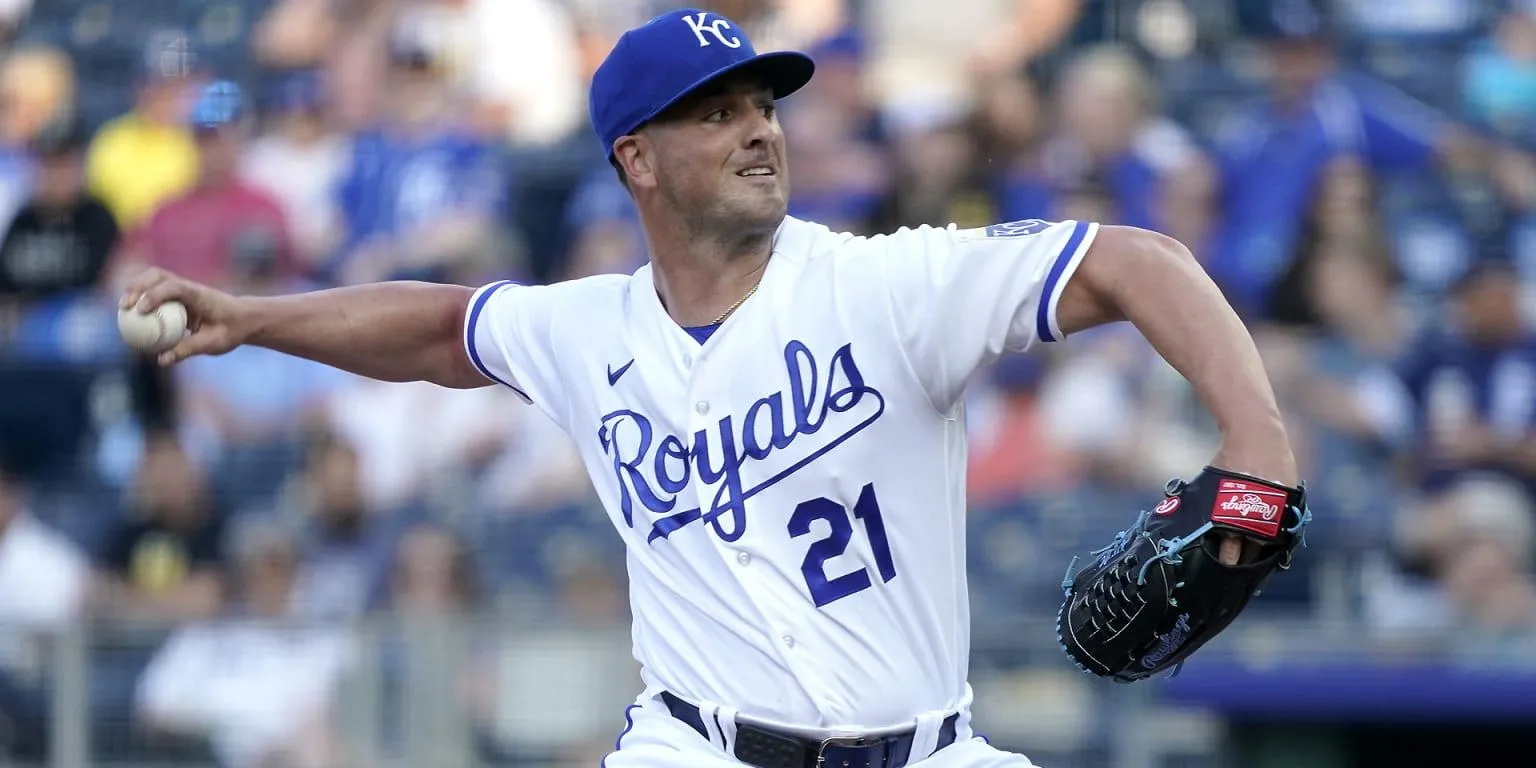 Mike Mayers pitching for the Royals