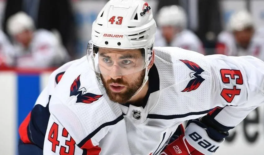 Tom Wilson of the Washington Capitals lined up for a faceoff during a game.