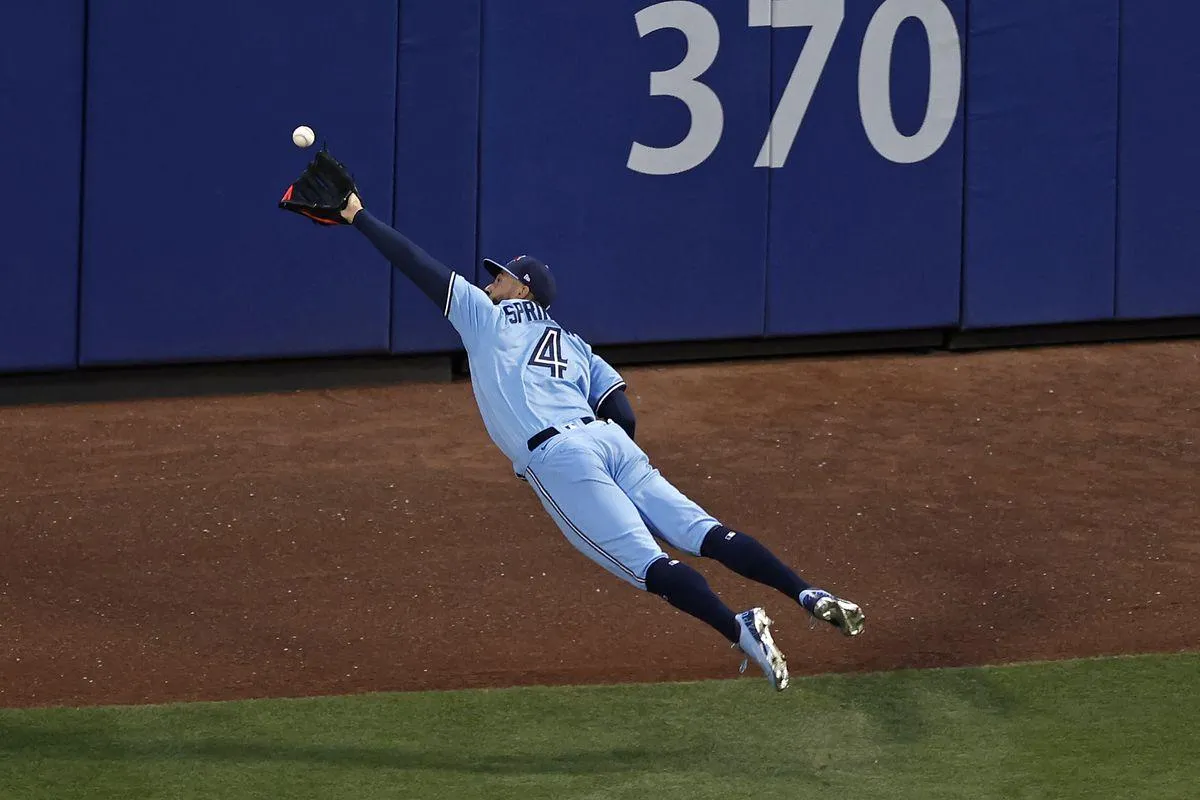 Springer jumping for a ball in the outfield