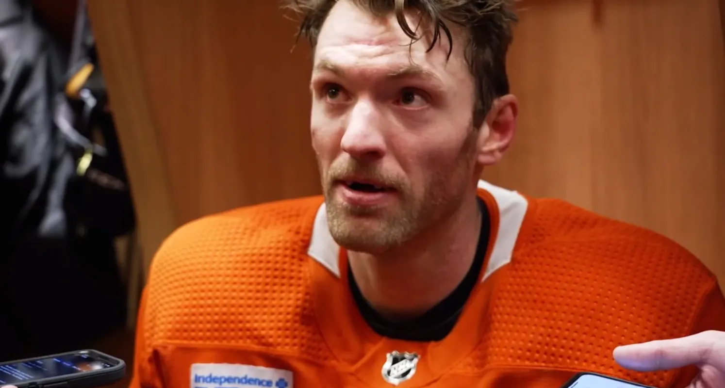 Sean Couturier takes a post-practice interview