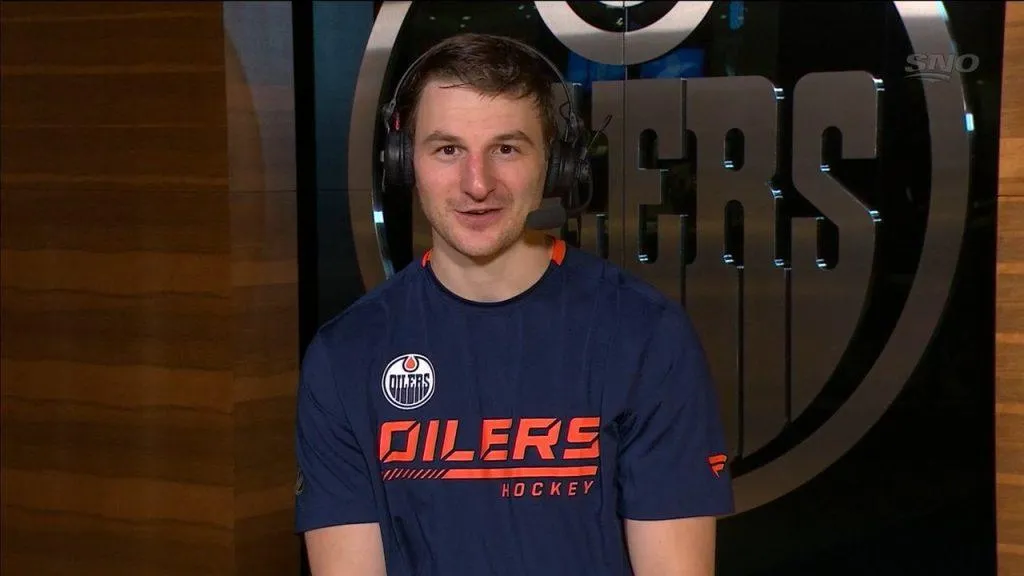 Edmonton Oilers forward Zach Hyman doing a post-game interview