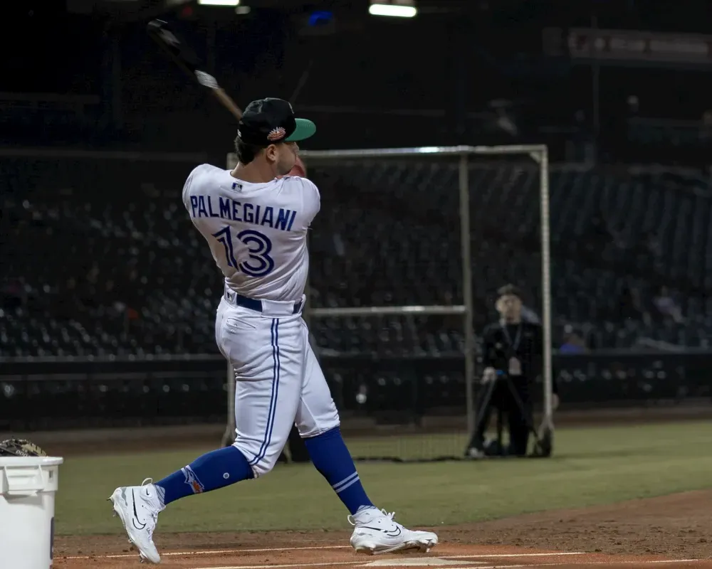 Damiano Palmegiani wearing the Blue Jays' colours.
