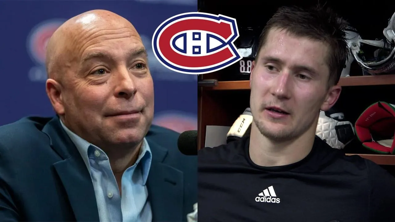 Kent Hughes et Martin Necas en point de presse
