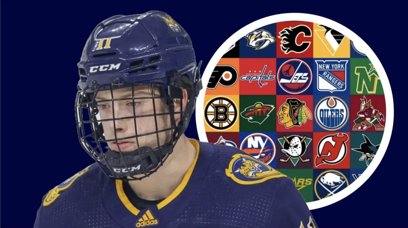 Collin Graf, top NCAA prospect, with logos of NHL teams.