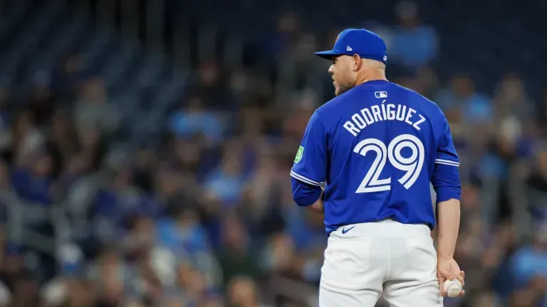Yariel Rodriguez on the mound for the Blue Jays.