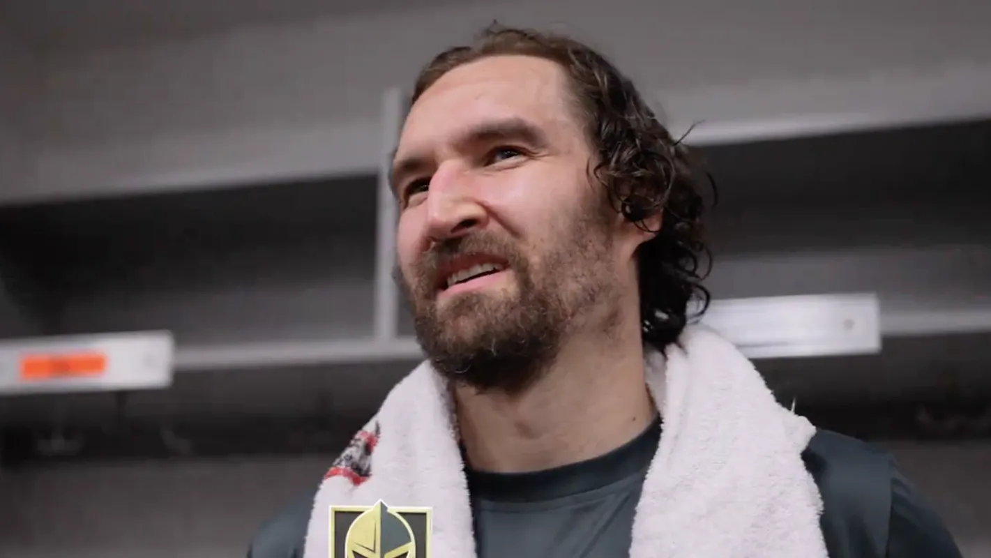 Mark Stone giving an interview after the Las Vegas Golden Knights were eliminated from the playoffs.