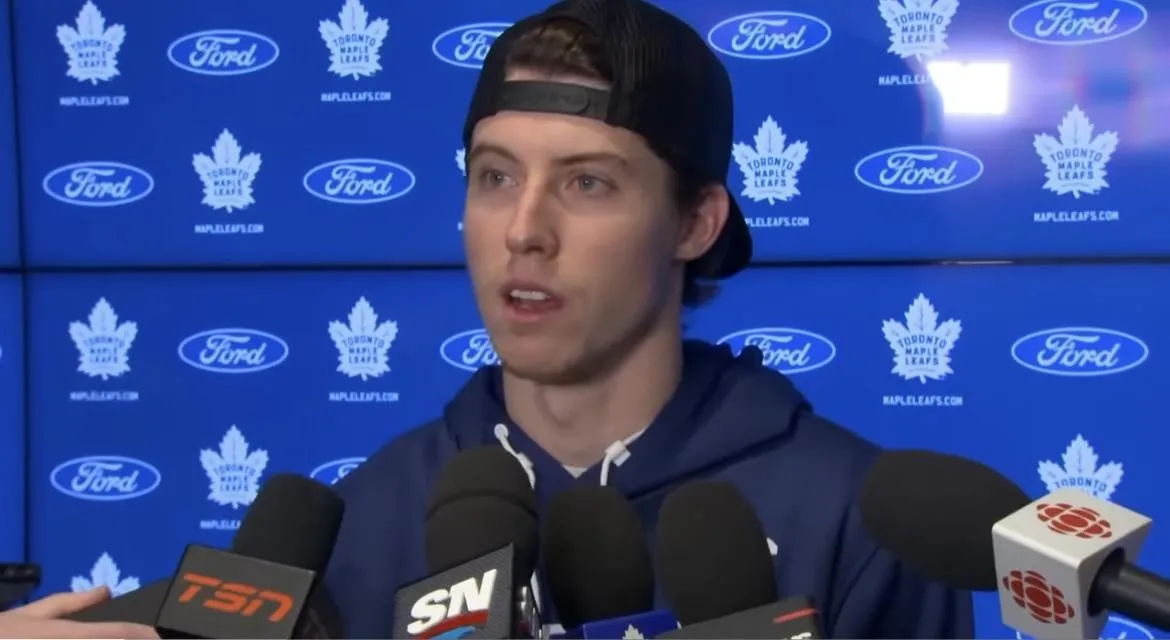 Toronto Maple Leafs forward Mitch Marner speaking to the media after their recent playoff exit.