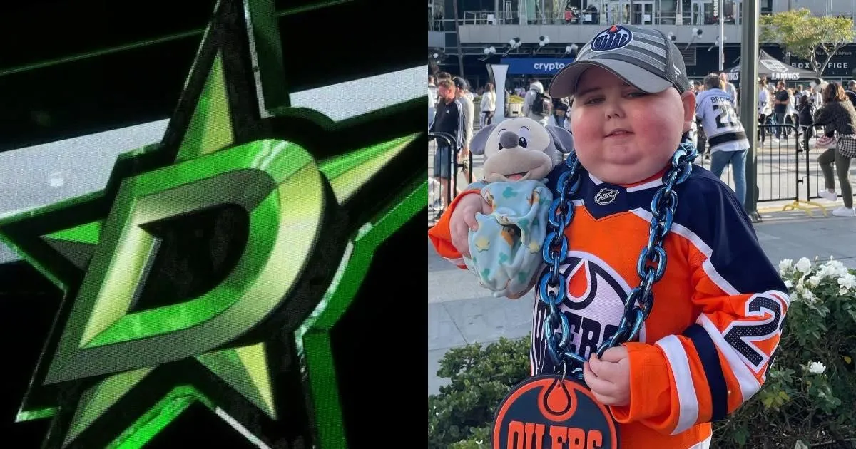 Dallas Stars logo with the young Edmonton Oilers fans Ben Stelter, who passed away in 2022.