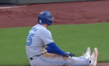 Varsho injury sliding into first base #blluejays #mlb