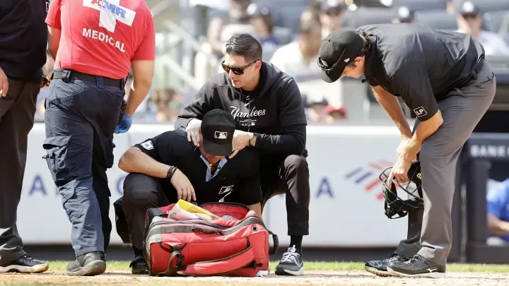 Umpire get hit by Stanton's bat #bluejays #mlb