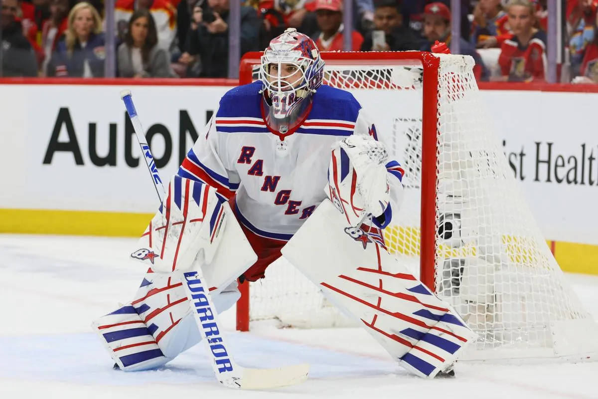 New York Rangers goaltender Igor Shesterkin playing in a road game in the NHL.