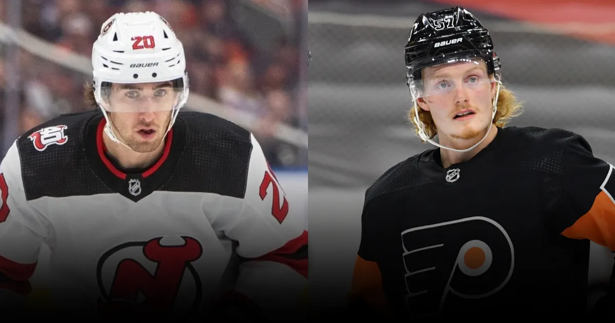Wade Allison while playing for the Philadelphia Flyers and Michael McLeod playing for the New Jersey Devils