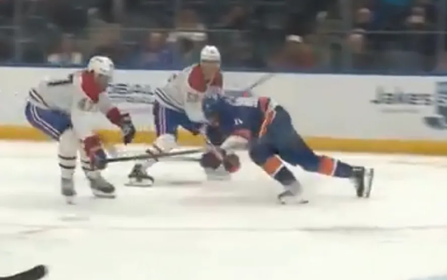 New York Islanders forward Anthony Duclair falling to the ice after appearing to injure himself.