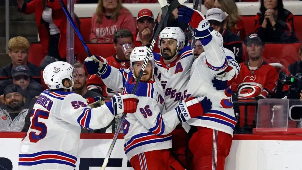 Members of the New York Rangers mid-game