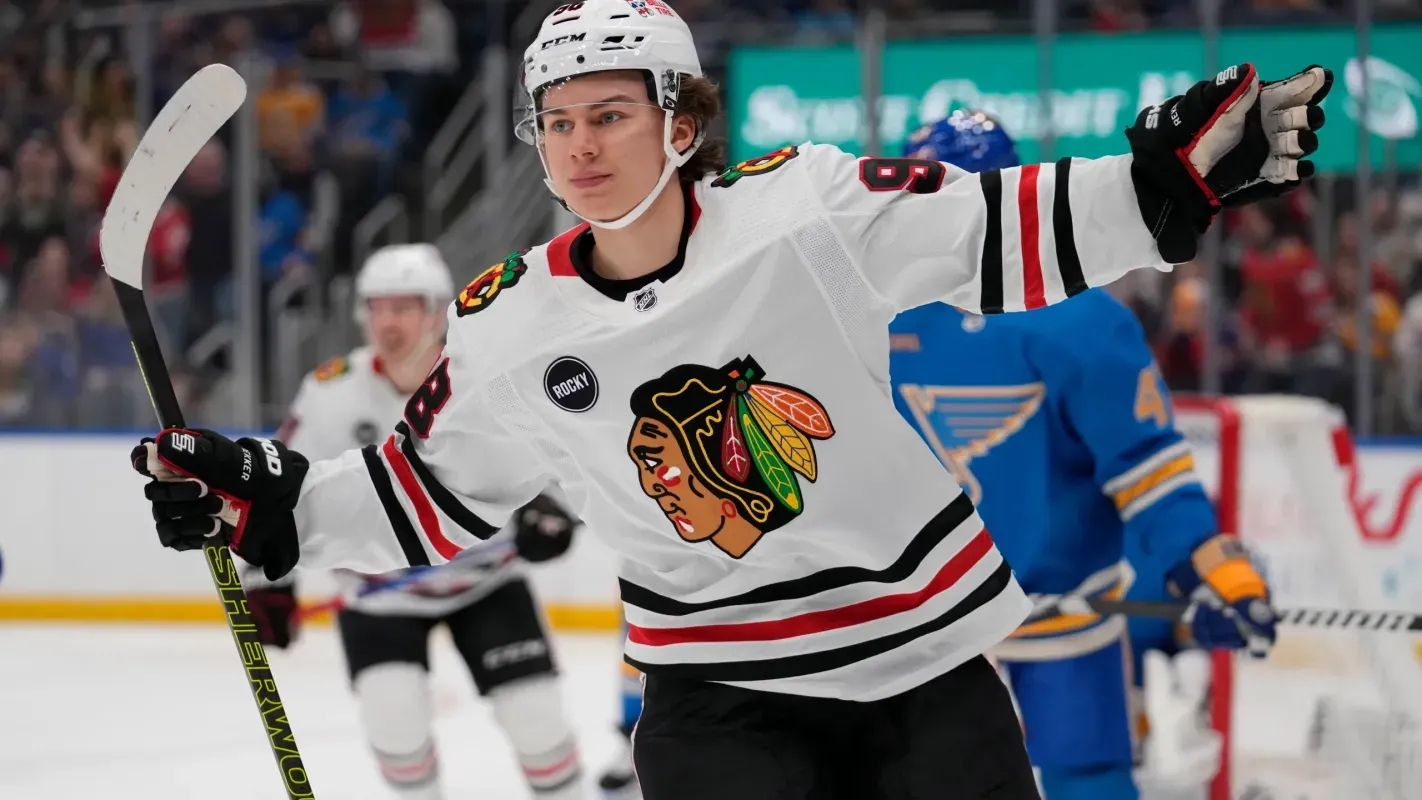 Connor Bedard of the Chicago Blackhawks celebrates a goal against the St. Louis Blues