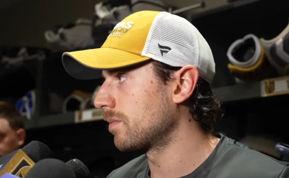 Vegas Golden Knights defenseman Shea Theodore speaking to the media postgame on March 7th 2024 after a loss to the Vancouver Canucks