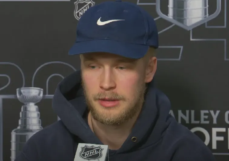 Vancouver Canucks forward Elias Pettersson speaking to the media after a playoff game