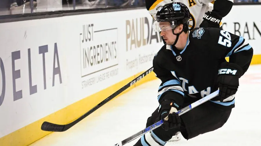 Kailer Yamamoto mid-game for the Utah Hockey Club