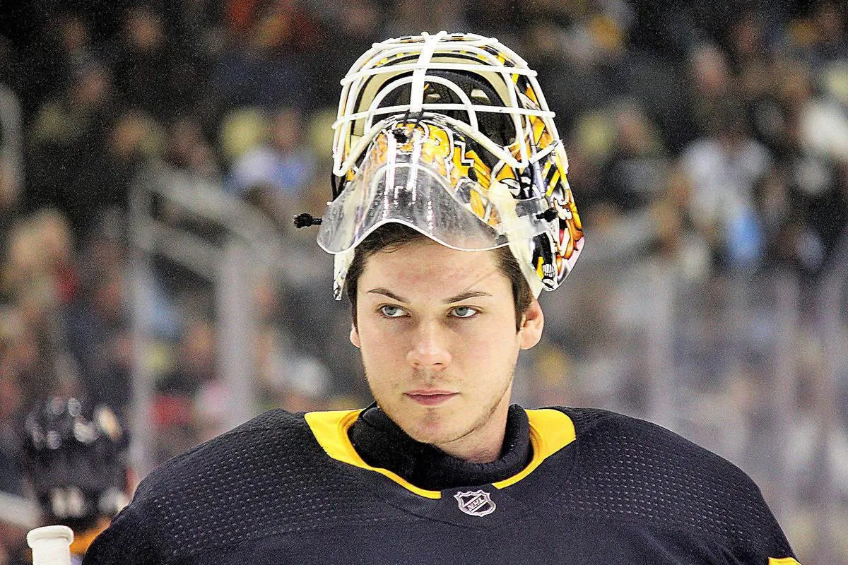 Tristan Jarry, goaltender of the Pittsburgh Penguins, seen staring