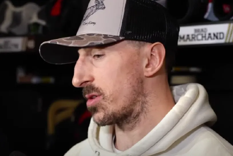 Boston Bruins captain Brad Marchand speaking to the media