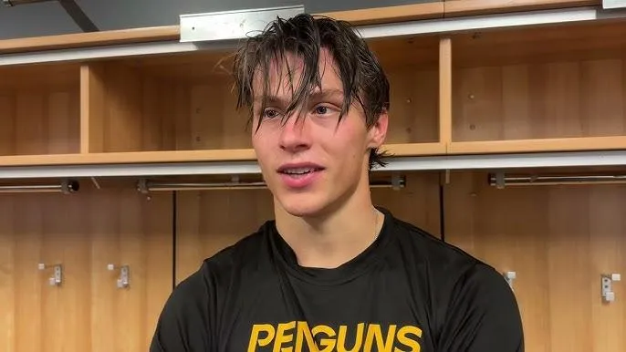 Pittsburgh Penguins player Rutger McGroarty speaks to the media
