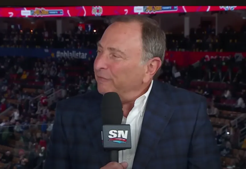NHL commissioner Gary Bettman doing an interview during an intermission report during the 2024 NHL all-star game.